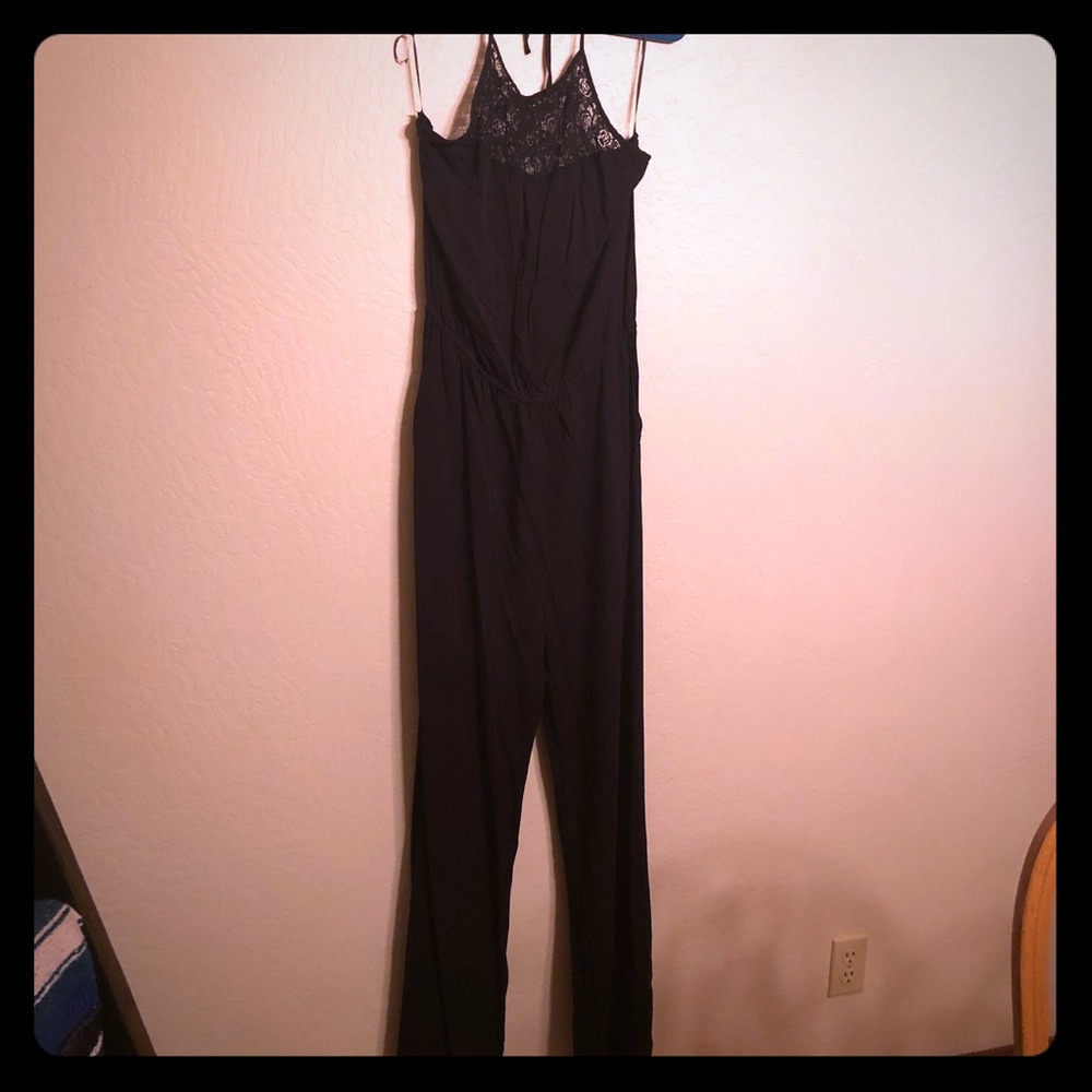 Black Halter Jumpsuit with Lace Yoke neck